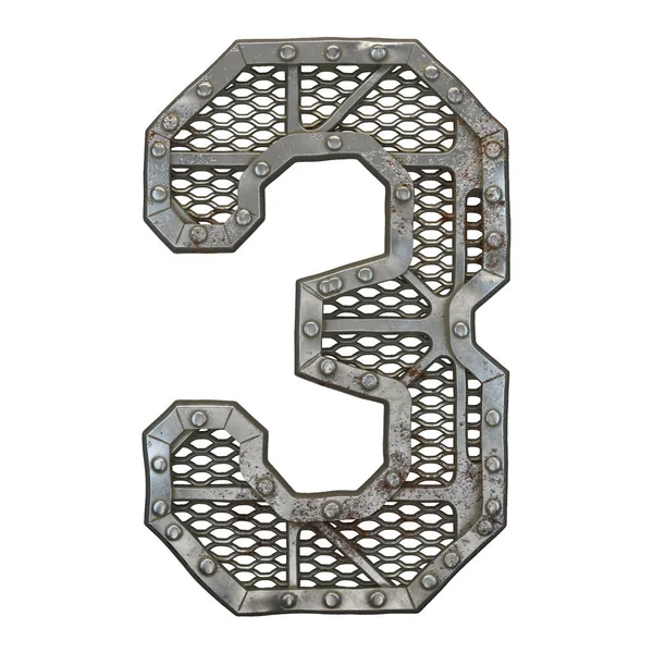 Mechanical alphabet made from rivet metal with gears on white background. Number 3. 3D