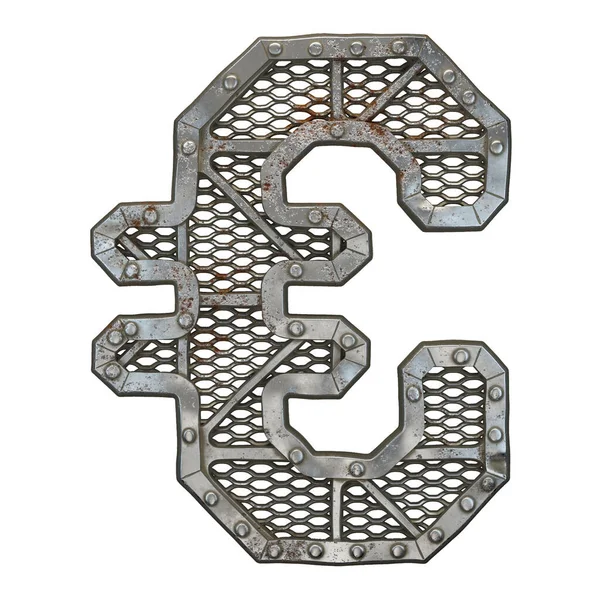 Mechanical alphabet made from rivet metal with gears on white background. Symbol euro. 3D