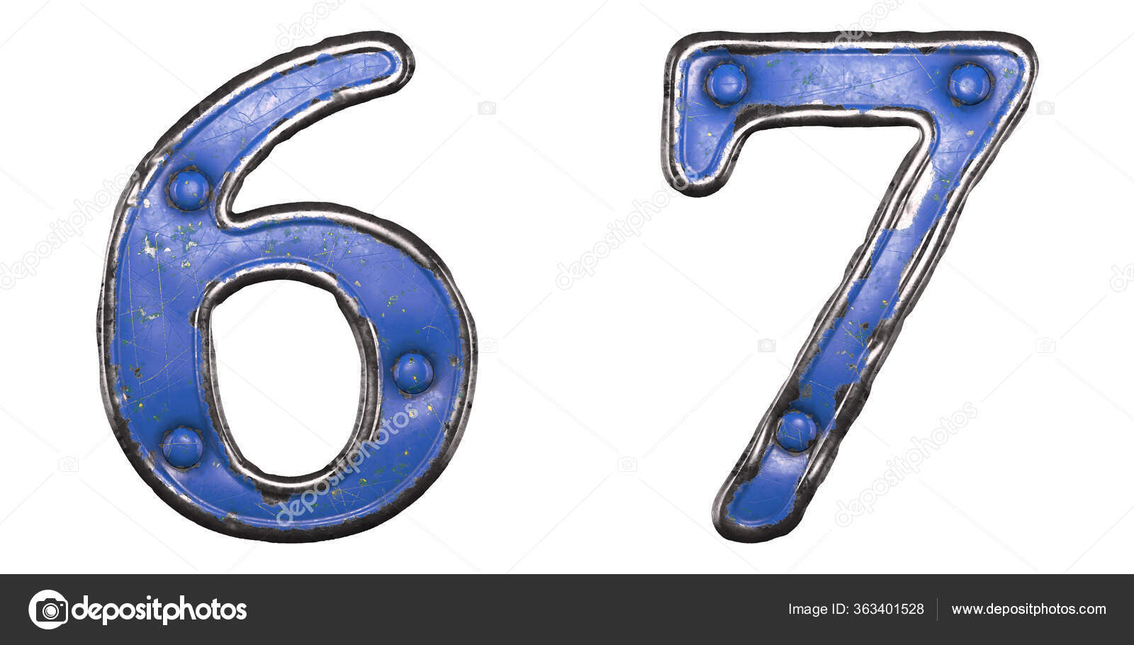 Set of numbers 6, 7 made of painted metal with blue rivets on white