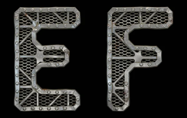 Mechanical alphabet made from rivet metal with gears on black background. Set of letters E and F. 3D