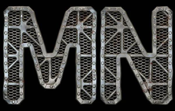 Mechanical alphabet made from rivet metal with gears on black background. Set of letters M and N. 3D