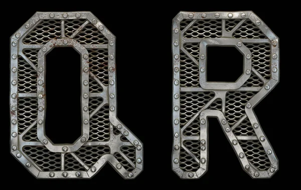 Mechanical alphabet made from rivet metal with gears on black background. Set of letters Q and R. 3D