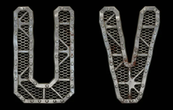 Mechanical alphabet made from rivet metal with gears on black background. Set of letters U and V. 3D