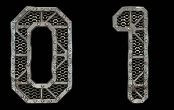 Mechanical alphabet made from rivet metal with gears on black background. Set of numbers 0 and 1. 3D