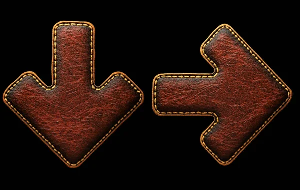 Set of symbols arrow to down and left arrow made of leather. 3D render font with skin texture isolated on black background.