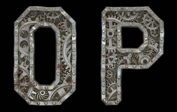Set of mechanical alphabet made from rivet metal with gears on black background. Letters O and P. 3D