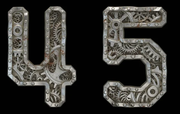 Set of mechanical alphabet made from rivet metal with gears on black background. Numbers 4, 5. 3D