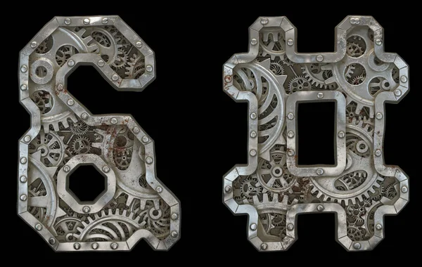 Set of mechanical alphabet made from rivet metal with gears on black background. Symbol ampersand and hash. 3D