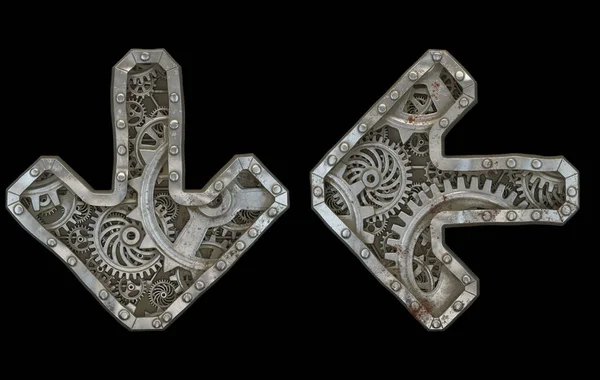 Set of mechanical alphabet made from rivet metal with gears on black background. Symbol arrow to down and left arrow. 3D