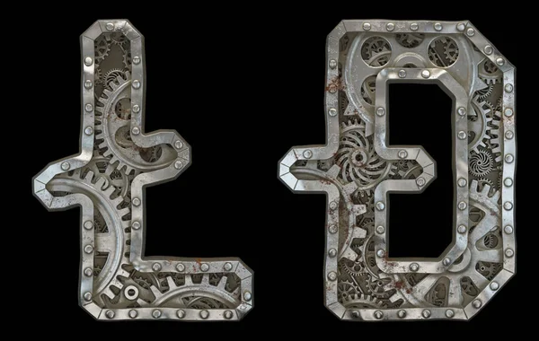 Set of mechanical alphabet made from rivet metal with gears on black background. Symbol litecoin and dashcoin. 3D