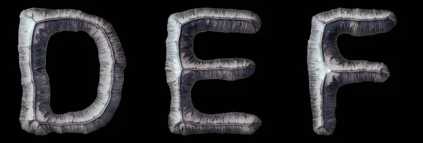 Set of capital letters D, E, F made of forged metal isolated on black background. 3d