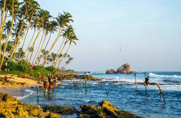 Los hombres locales de pesca de manera tradicional. Esta es una vieja tradición practicada en Galle. Sri Lanka . — Foto de Stock