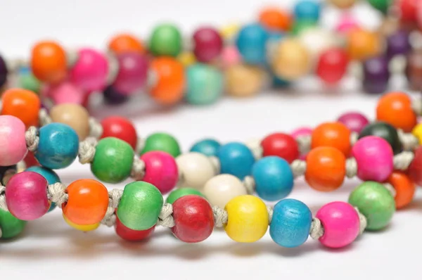 Close View Colorful Wooden Beads White Background — Stock Photo, Image