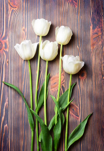 Simple Bouquet White Tulips Wooden Background — Stock Photo, Image