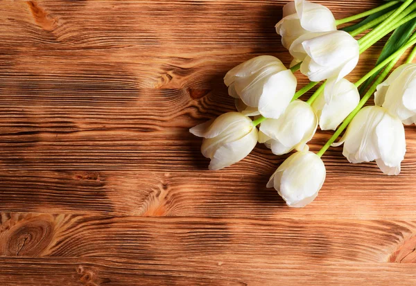 Closeup White Bouquet Tulips Wooden Background — Stock Photo, Image