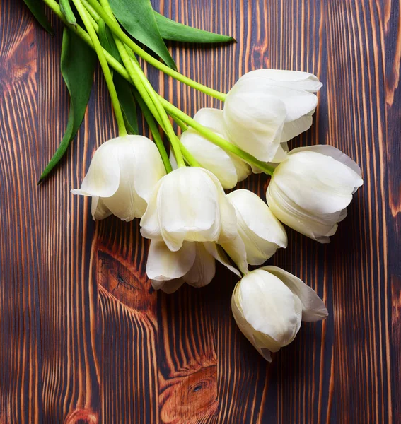 White Bouquet Tulips Wooden Background — Stock Photo, Image