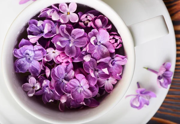 Taza Blanca Llena Hermosas Flores Lila Mesa Madera — Foto de Stock