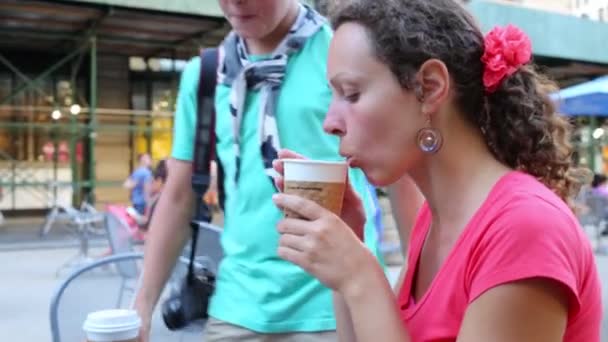 Mother with her son drink coffee — Stock Video