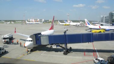 İşçiler ve havaalanında uçak taşıma kamyon 