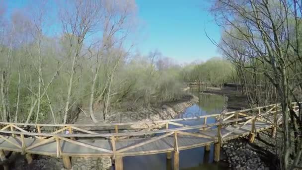 Ponte de madeira sobre o rio Jauza no parque nacional — Vídeo de Stock