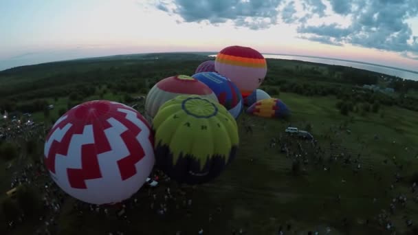 Травяное поле с воздушными шарами перед полетом — стоковое видео
