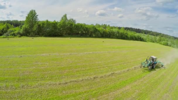 Traktor funguje na travnaté hřiště u lesa — Stock video