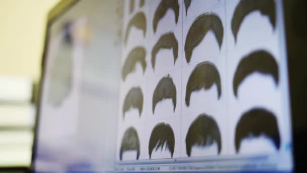 Ejemplos de cabello para identikit en exhibición en la policía — Vídeo de stock