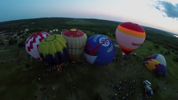 Champ d'herbe avec des ballons à air avant de voler — Video