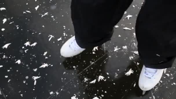 Child skating on frozen lake at winter day — Stock Video