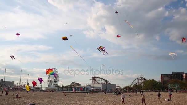 Sok színes repülni sárkányok a strandon — Stock videók