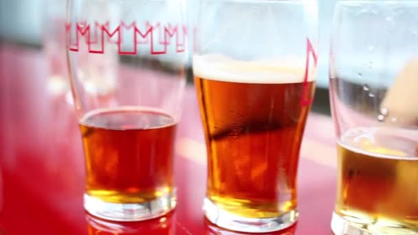 Grote glazen met schuimige light bier — Stockvideo