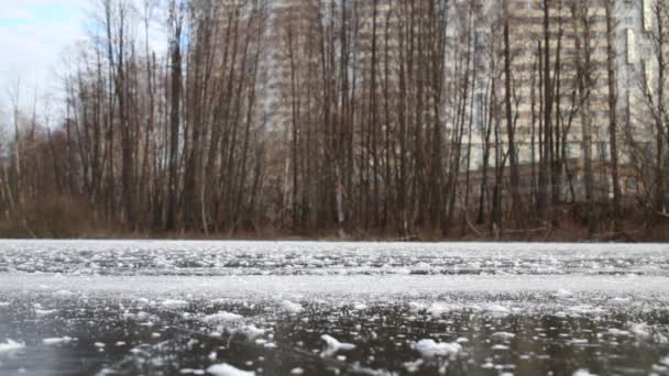 Beweging van de benen van de schaatsers op de bevroren vijver — Stockvideo