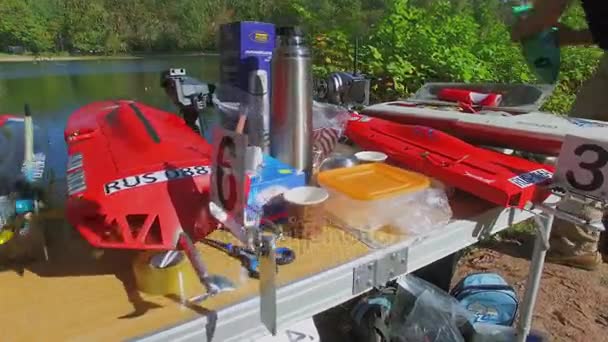 池の近くのテーブルの上にいくつかのレース発送モデル — ストック動画