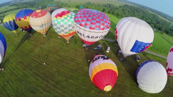 Színes hőlégballonok füves területen — Stock videók