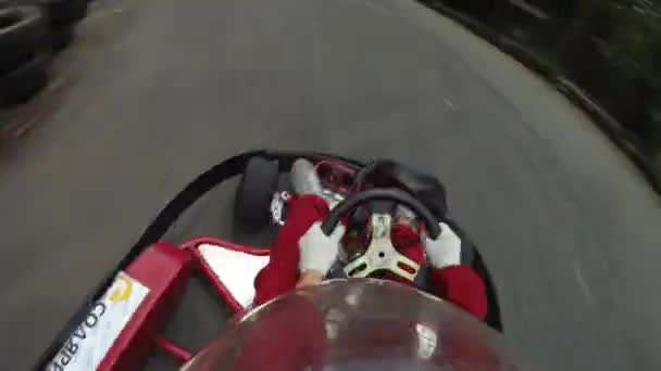 Go-cart drivers rides by track — Stock Video