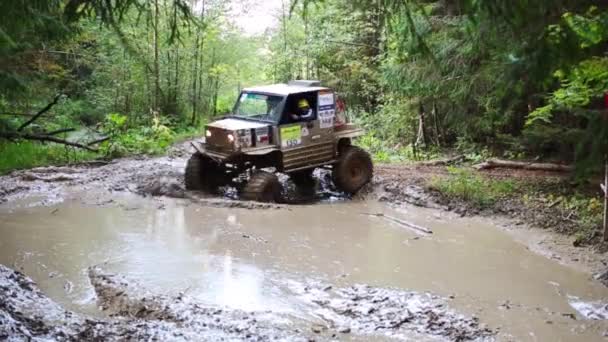 Špinavé auto jede v lese v off-road soutěži — Stock video