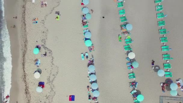 Los turistas descansan en la playa con tumbonas y sombrillas — Vídeos de Stock