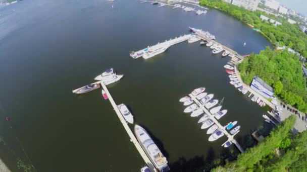 Yates en amarre en la bahía del río de la ciudad — Vídeos de Stock