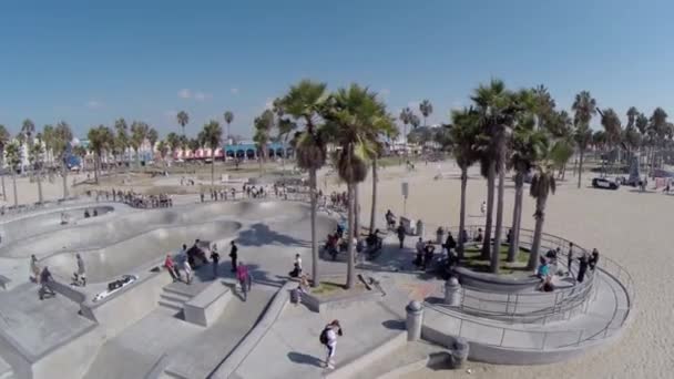 Venice Beach with people on quay and skatepark — Stock Video
