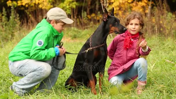 Hermano y hermana sentarse con el perro en la hierba — Vídeos de Stock