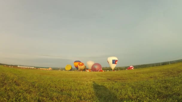 Field with colorful air balloons inflating — Stock Video