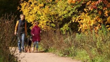 Anne ile kızı yürüyüş ile sonbahar ormanda köpek