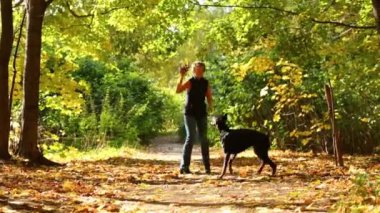 kadın köpeğini sonbahar Park çalış
