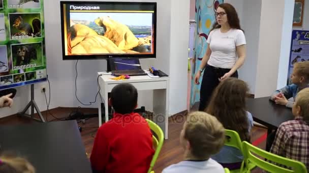 El profesor lleva la lección al lado de la pantalla — Vídeos de Stock