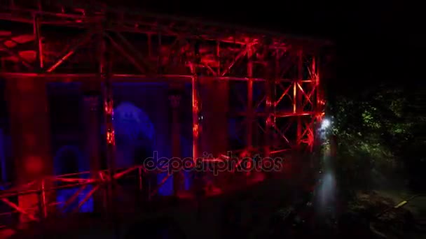Colorful light show on exterior of pavilion on territory of VDNH — Stock Video