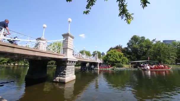 Mini puente colgante y estanque en Boston Jardín público — Vídeos de Stock