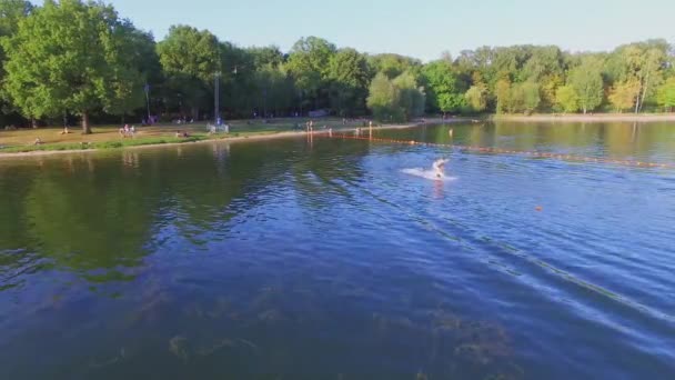 Vrouw rijdt op wakeboard door wateroppervlak — Stockvideo