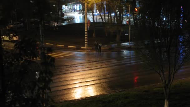 警察は夜の雨の中の交差点に — ストック動画