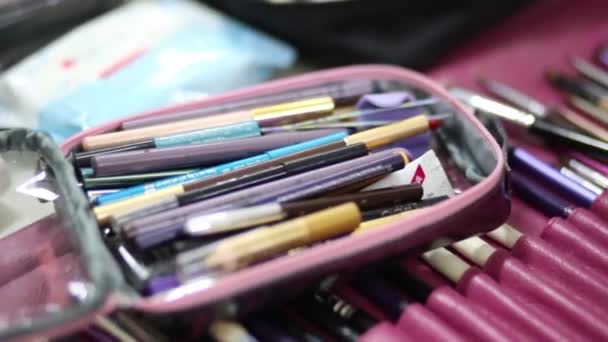 Kit cosmétique, différentes brosses et crayons, mains de visagiste — Video