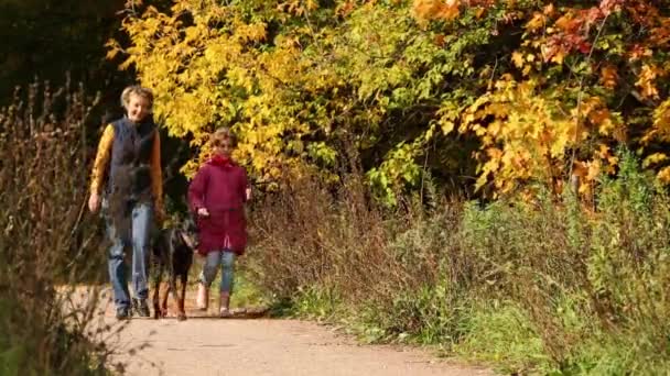 Mère avec fille promenade avec chien dans la forêt d'automne 